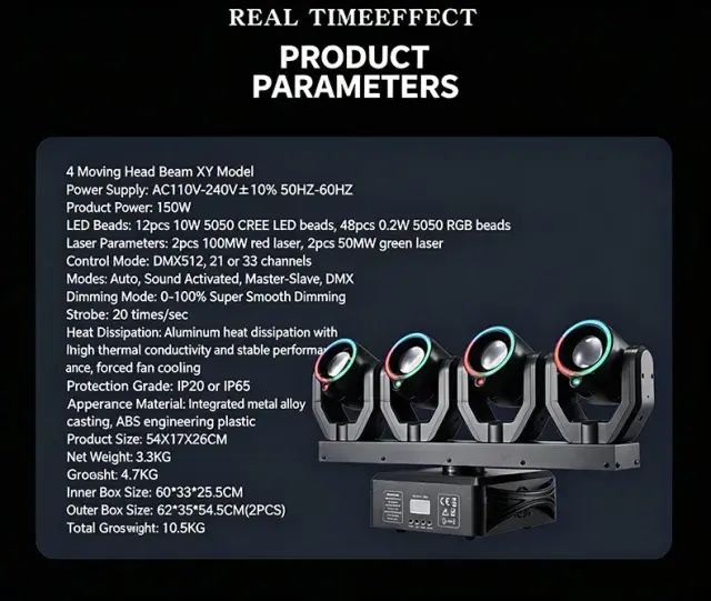 150W 4 Heads RGBW LED for Light with Ring Lasers Effect DMX512 IP33 for DJ Disco Party Stage Lighting