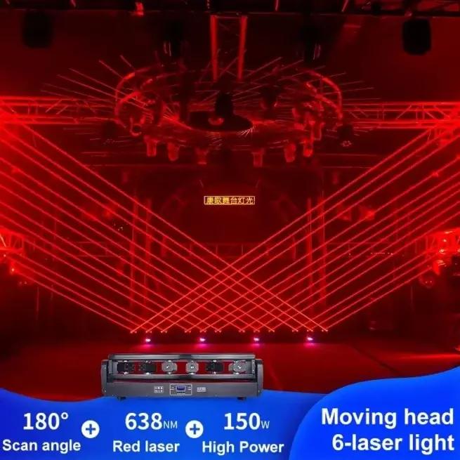 Moving Head 360* 6 Eyes RED Color Laser Scanner Light DMX512 150W Red Beam Laser Stage Light