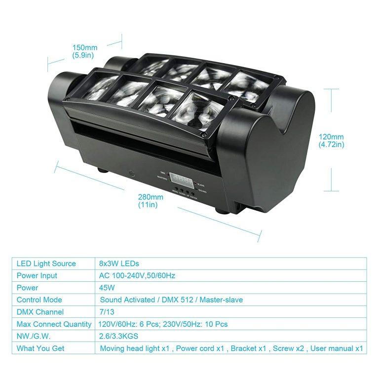 SPIDER MOVING HEAD LIGHT RGBW, 8 X 3W LED LIGHTING DMX 512 DUAL SWEEPER PULSE STROBE EFFECT FOR DJ LIVE CONCERT LIGHTING